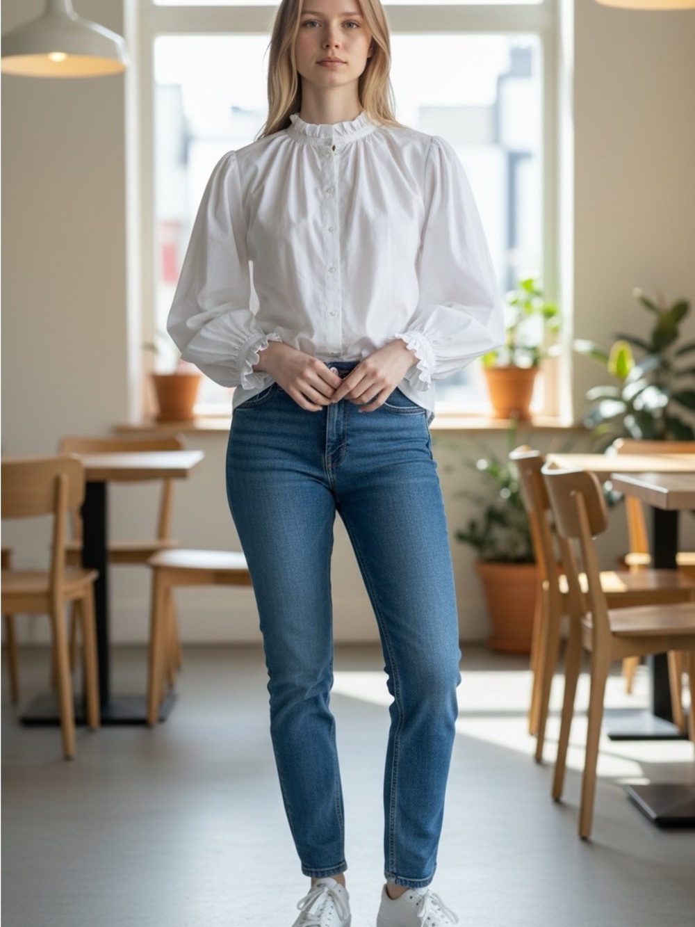 Monoprix Paris White Romantic Ruffle Collar Blouse | Cotton Poet Sleeve Top NWT